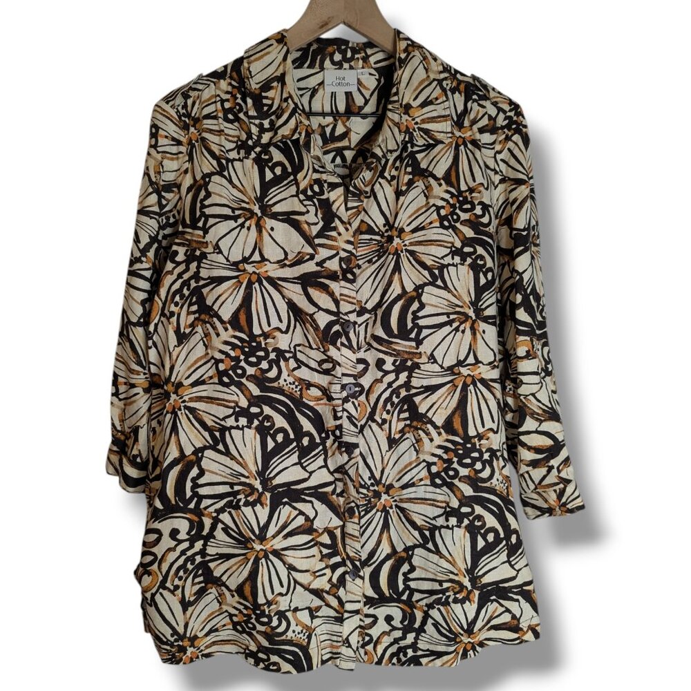 Hot Cotton Linen Shirt women's L Brown Floral button up tunic lagenlook beachy